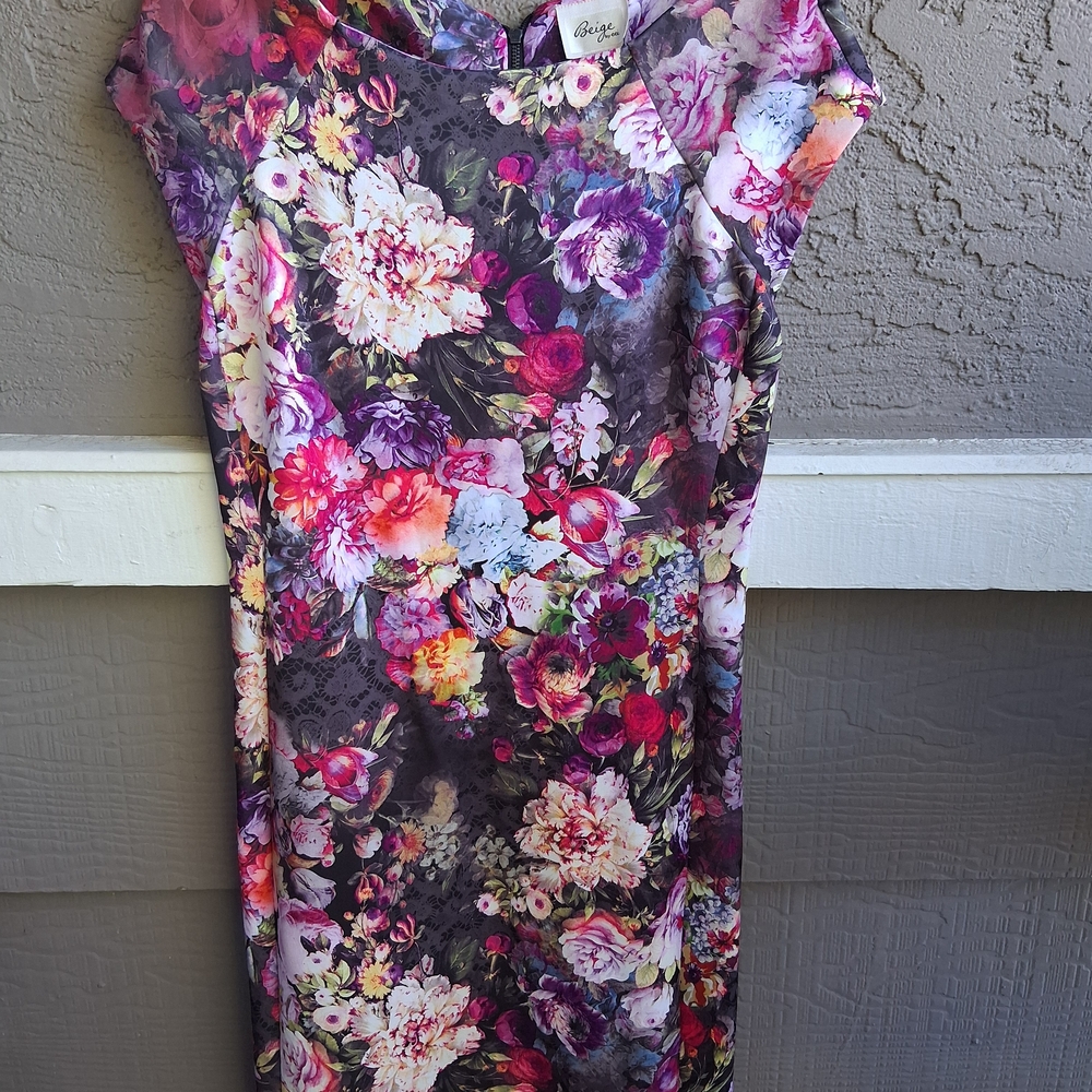 Beige by eci Floral Midi Dress in Pink and Purple Floral Zippered Back.spandex